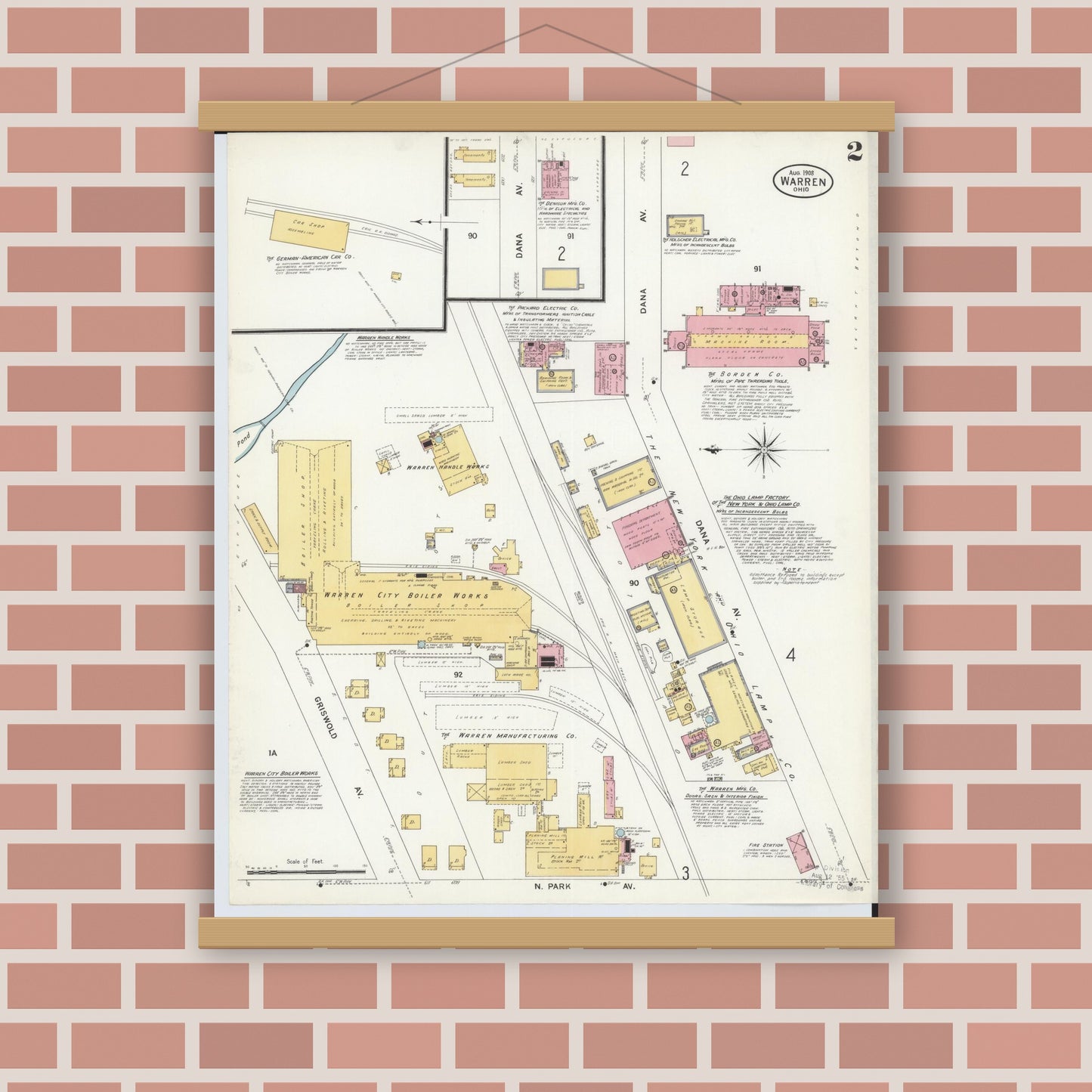 Old map wall art mockup — magnetic wood frame on brick wall — Sanborn Fire Insurance Map from Warren, Trumbull County, Ohio (1908), Sheet #0002