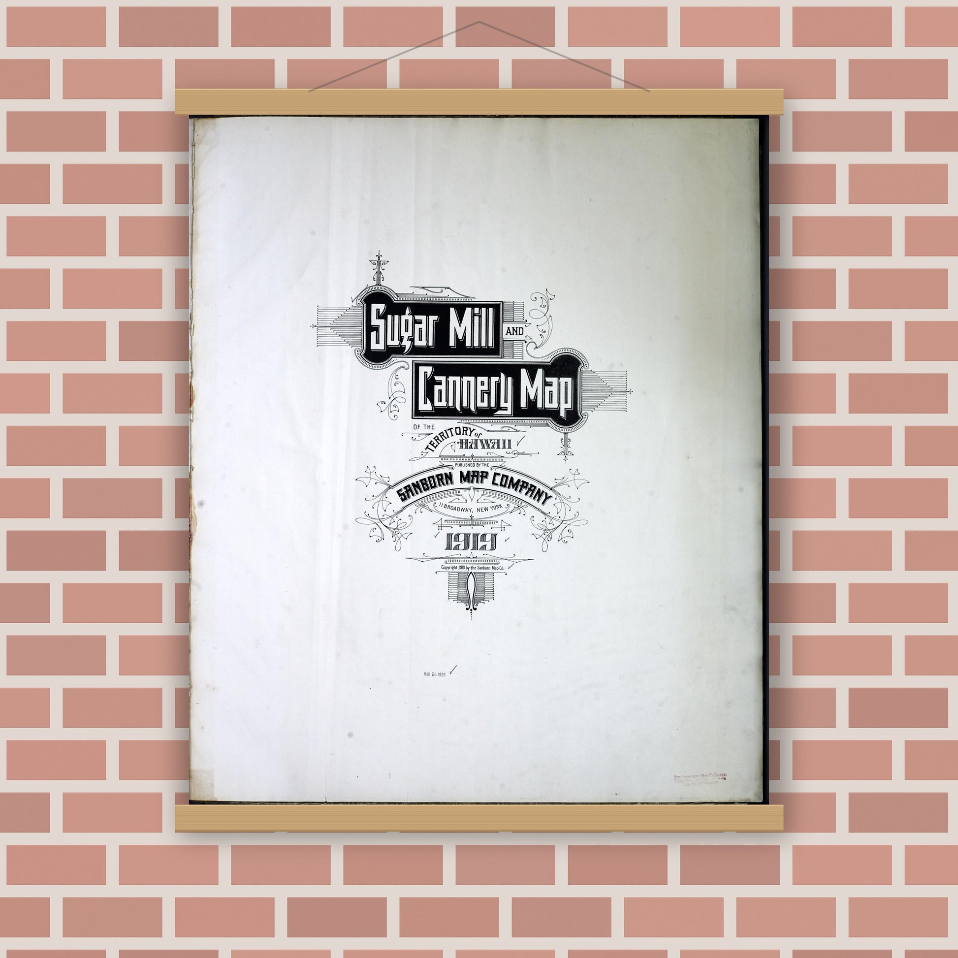 Old map wall art mockup — magnetic wood frame on brick wall — Sanborn Fire Insurance Map from Sugar Mill and Cannery, Hawaii County, Hawaii (1919), Sheet #0001