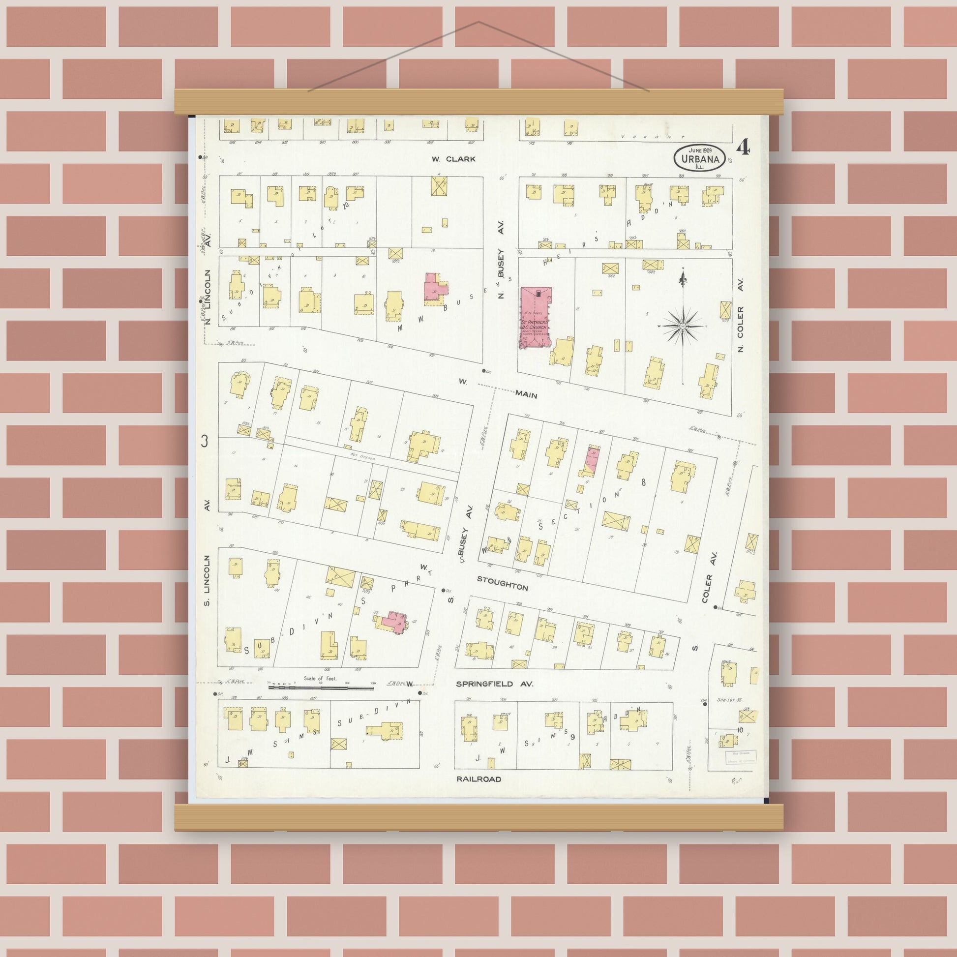 Old map wall art mockup — magnetic wood frame on brick wall — Sanborn Fire Insurance Map from Urbana, Champaign County, Illinois (1909), Sheet #0004