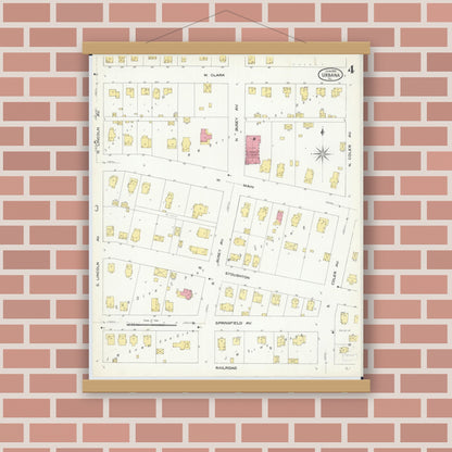 Old map wall art mockup — magnetic wood frame on brick wall — Sanborn Fire Insurance Map from Urbana, Champaign County, Illinois (1909), Sheet #0004