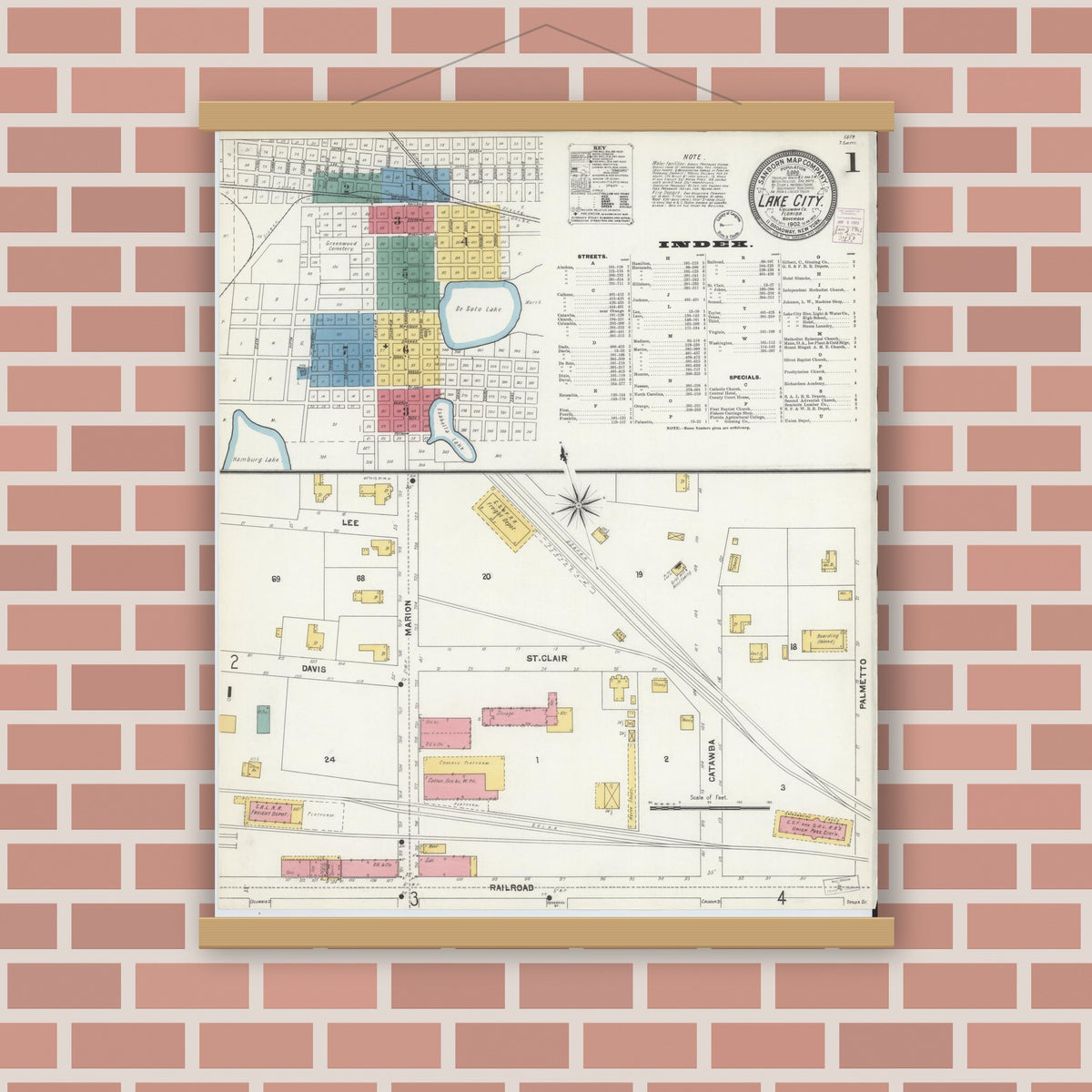 Old map wall art mockup — magnetic wood frame on brick wall — Sanborn Fire Insurance Map from Lake City, Columbia County, Florida (1902) - Complete Map Set