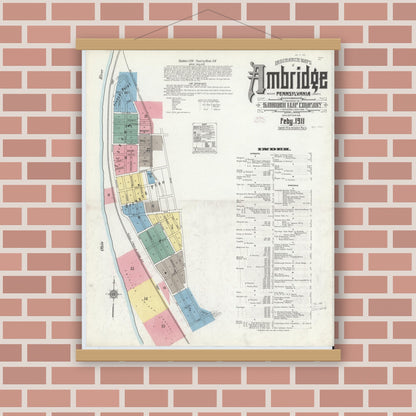 Old map wall art mockup — magnetic wood frame on brick wall — Sanborn Fire Insurance Map from Ambridge, Beaver County, Pennsylvania (1911), Sheet #0001