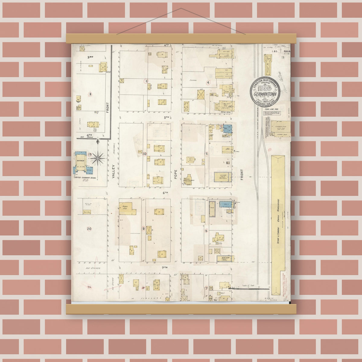 Old map wall art mockup — magnetic wood frame on brick wall — Sanborn Fire Insurance Map from Germantown, Glenn County, California (1930), Sheet #0001