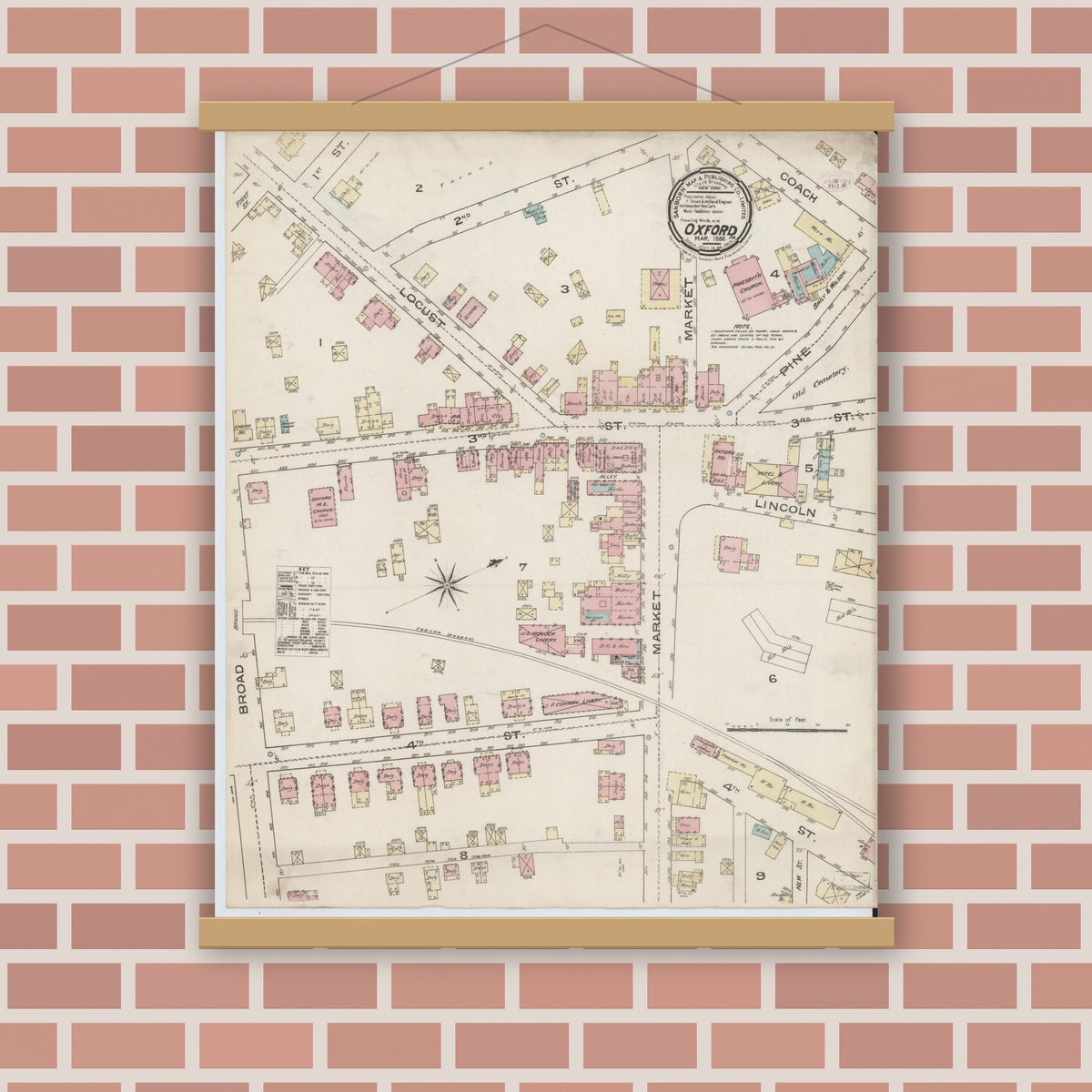 Old map wall art mockup — magnetic wood frame on brick wall — Sanborn Fire Insurance Map from Oxford, Chester County, Pennsylvania (1886), Sheet #0001