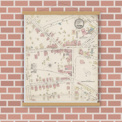 Old map wall art mockup — magnetic wood frame on brick wall — Sanborn Fire Insurance Map from Oxford, Chester County, Pennsylvania (1886), Sheet #0001