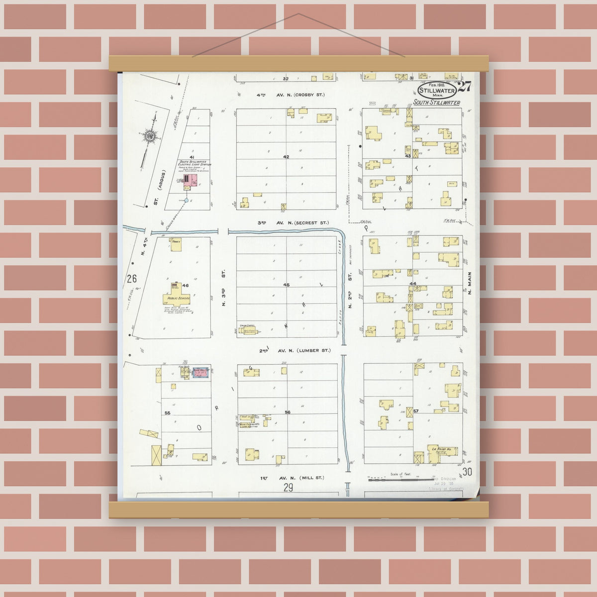 Old map wall art mockup — magnetic wood frame on brick wall — Sanborn Fire Insurance Map from Stillwater, Washington County, Minnesota (1910), Sheet #0027