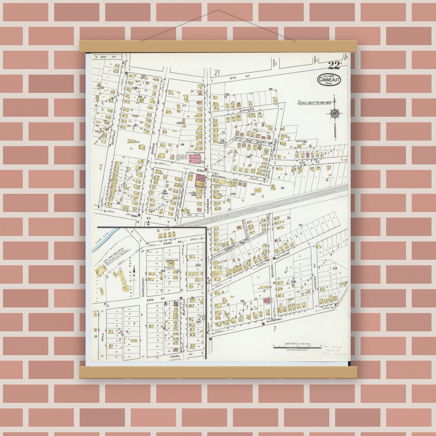 Old map wall art mockup — magnetic wood frame on brick wall — Sanborn Fire Insurance Map from Conneaut, Ashtabula County, Ohio (1919), Sheet #0022
