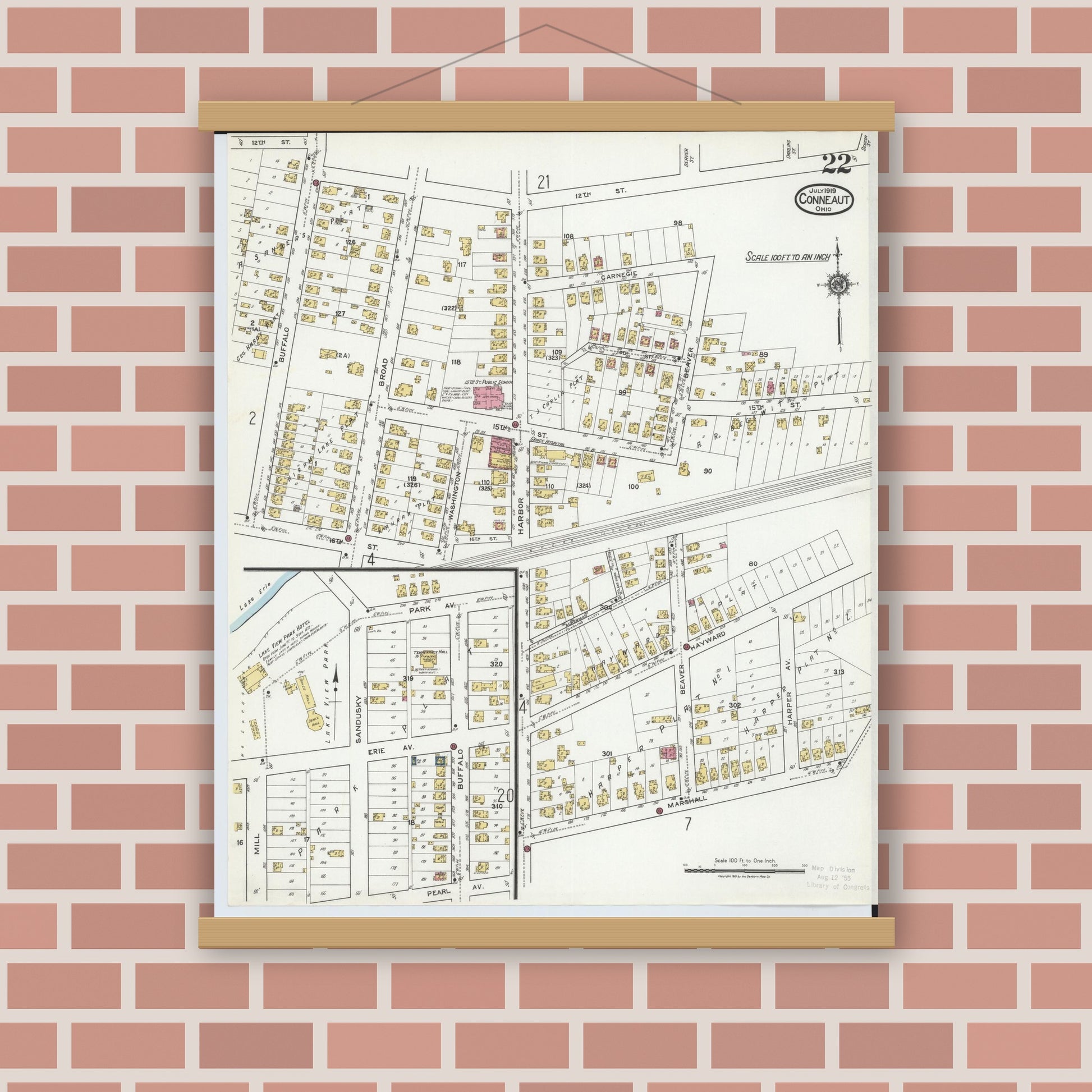 Old map wall art mockup — magnetic wood frame on brick wall — Sanborn Fire Insurance Map from Conneaut, Ashtabula County, Ohio (1919), Sheet #0022