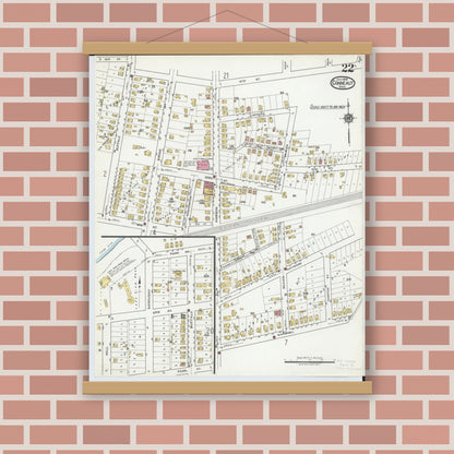 Old map wall art mockup — magnetic wood frame on brick wall — Sanborn Fire Insurance Map from Conneaut, Ashtabula County, Ohio (1919), Sheet #0022