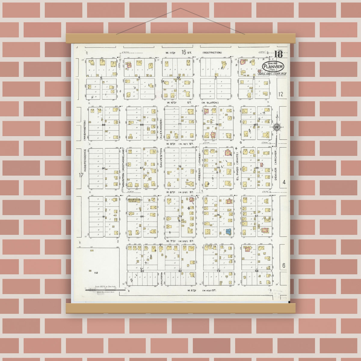 Old map wall art mockup — magnetic wood frame on brick wall — Sanborn Fire Insurance Map from Plainview, Hale County, Texas (1921), Sheet #0018