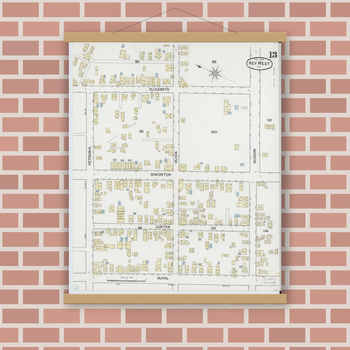 Old map wall art mockup — magnetic wood frame on brick wall — Sanborn Fire Insurance Map from Key West, Monroe County, Florida (1889), Sheet #0013