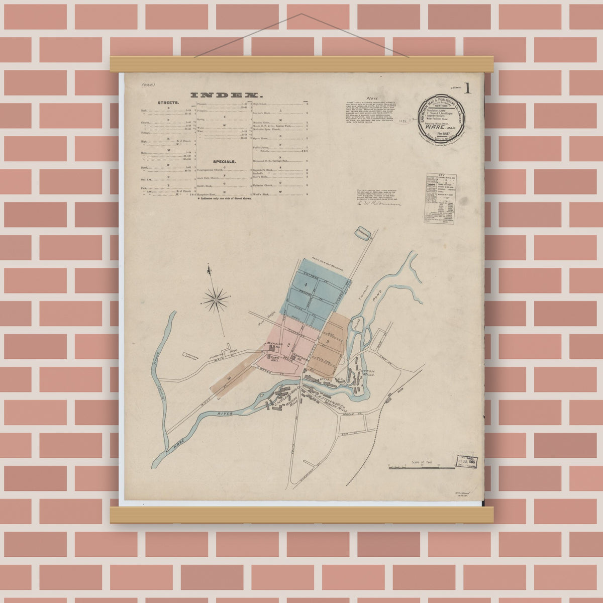 Old map wall art mockup — magnetic wood frame on brick wall — Sanborn Fire Insurance Map from Ware, Hampshire County, Massachusetts (1887), Sheet #0001
