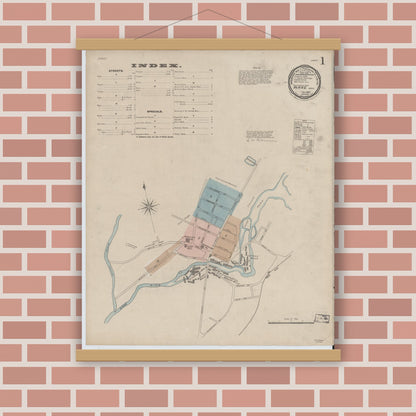 Old map wall art mockup — magnetic wood frame on brick wall — Sanborn Fire Insurance Map from Ware, Hampshire County, Massachusetts (1887), Sheet #0001