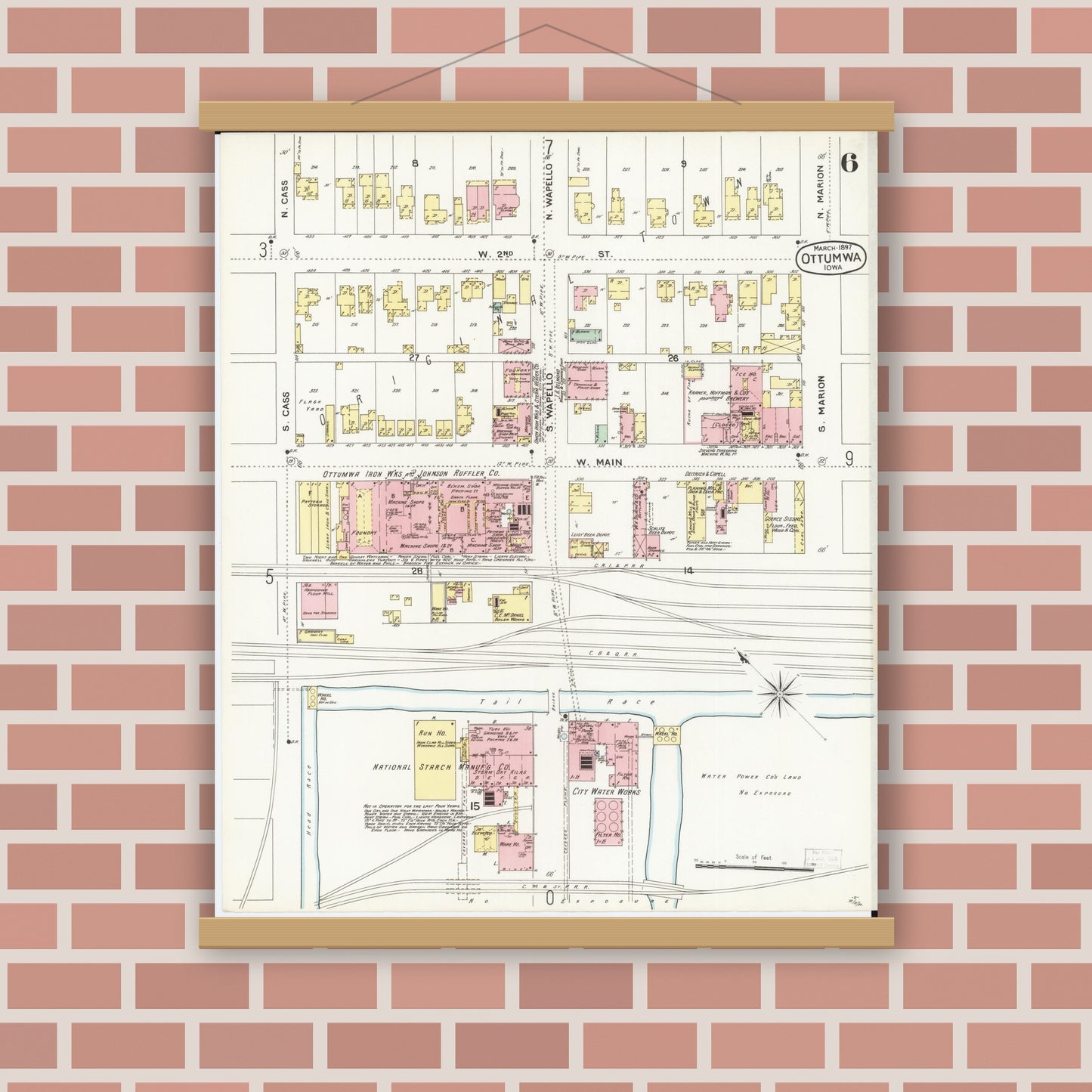 Old map wall art mockup — magnetic wood frame on brick wall — Sanborn Fire Insurance Map from Ottumwa, Wapello County, Iowa (1897), Sheet #0006