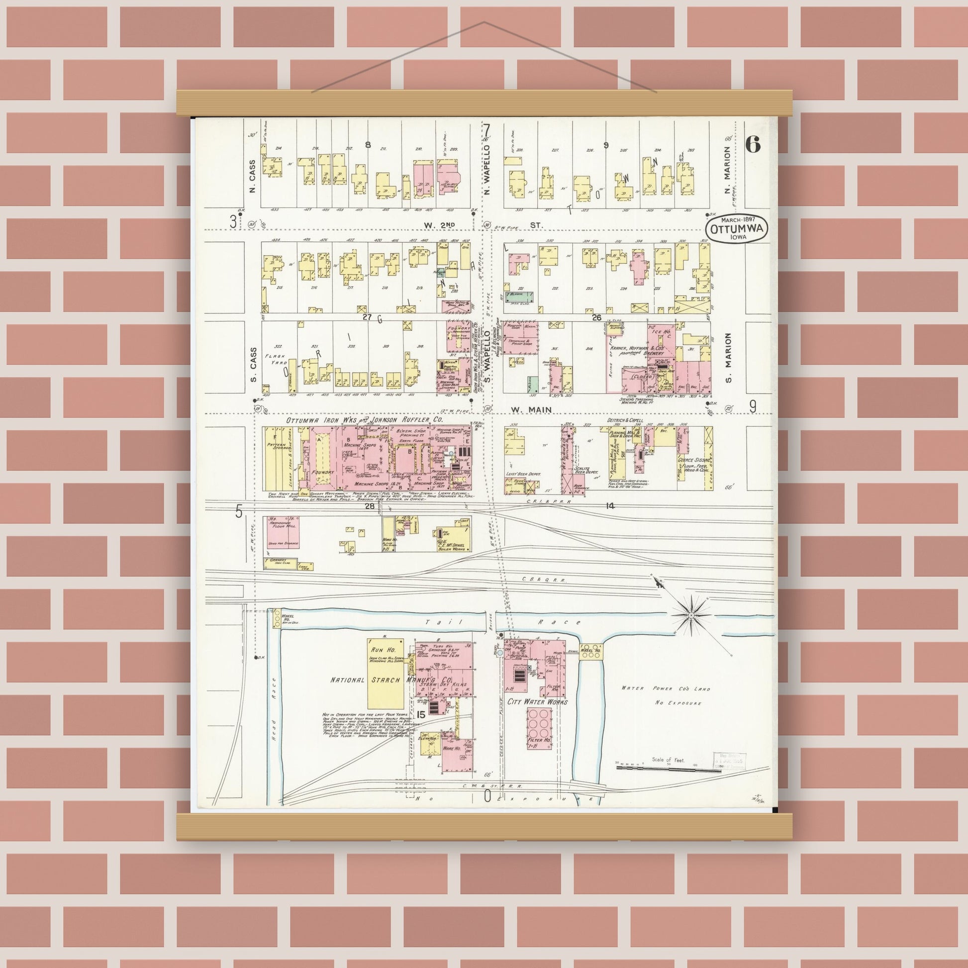 Old map wall art mockup — magnetic wood frame on brick wall — Sanborn Fire Insurance Map from Ottumwa, Wapello County, Iowa (1897), Sheet #0006