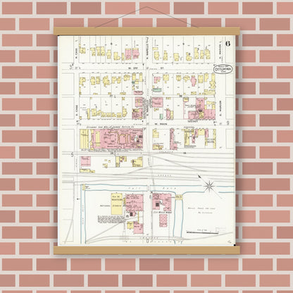 Old map wall art mockup — magnetic wood frame on brick wall — Sanborn Fire Insurance Map from Ottumwa, Wapello County, Iowa (1897), Sheet #0006
