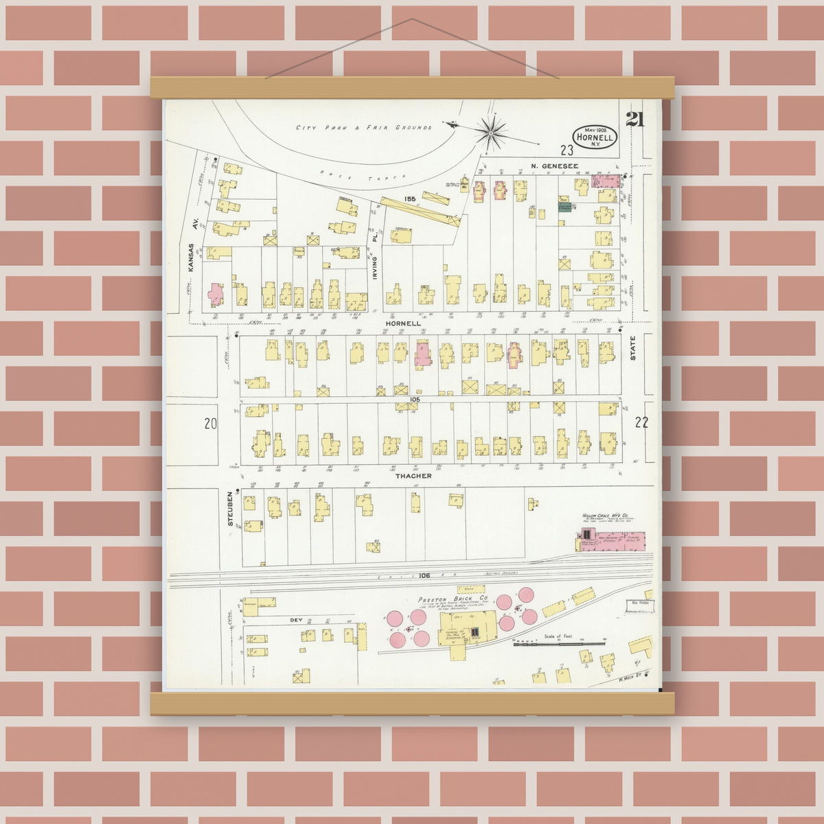 Old map wall art mockup — magnetic wood frame on brick wall — Sanborn Fire Insurance Map from Hornell, Steuben County, New York (1909), Sheet #0021