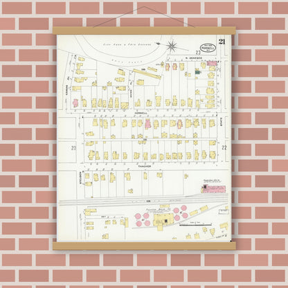 Old map wall art mockup — magnetic wood frame on brick wall — Sanborn Fire Insurance Map from Hornell, Steuben County, New York (1909), Sheet #0021