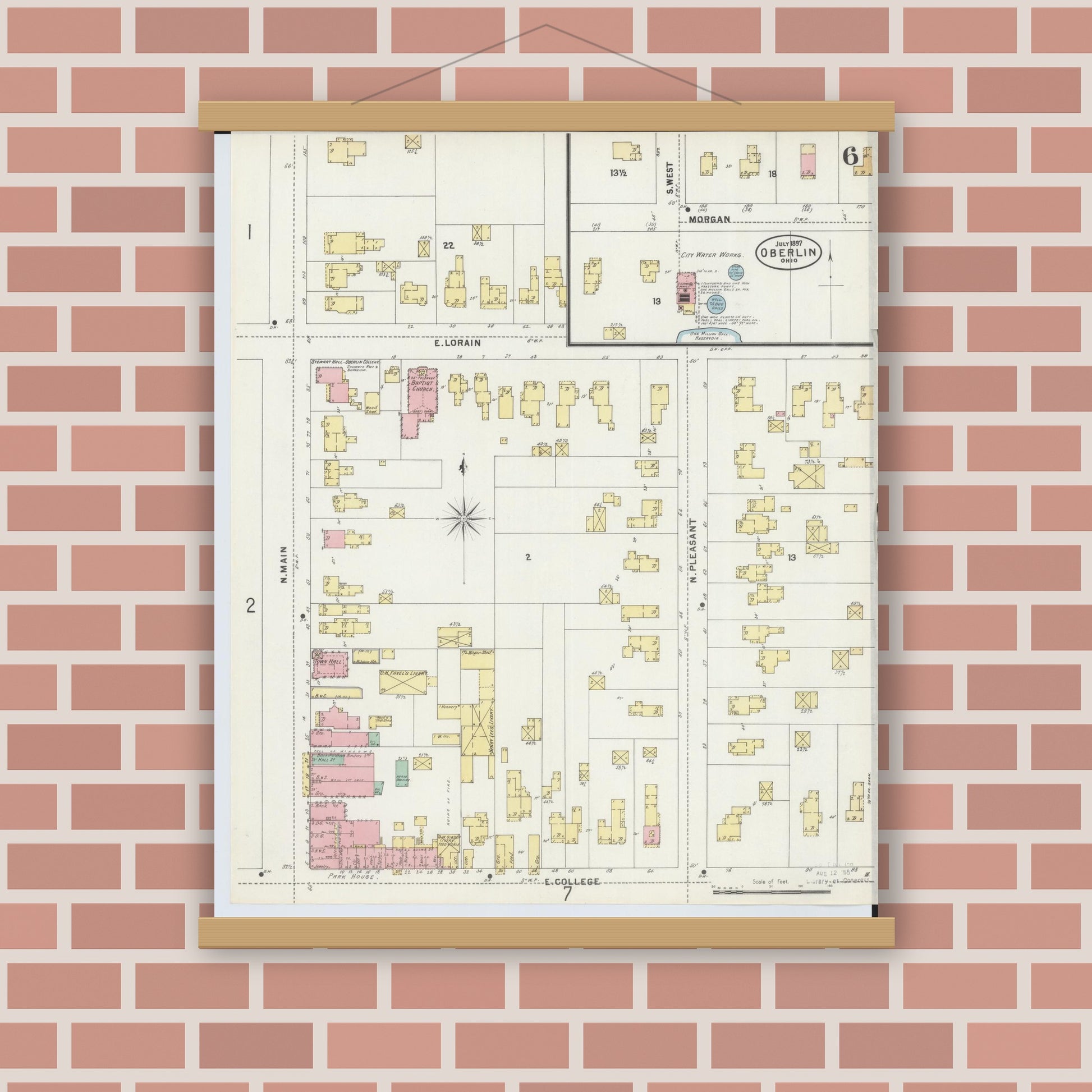 Old map wall art mockup — magnetic wood frame on brick wall — Sanborn Fire Insurance Map from Oberlin, Lorain County, Ohio (1897), Sheet #0006