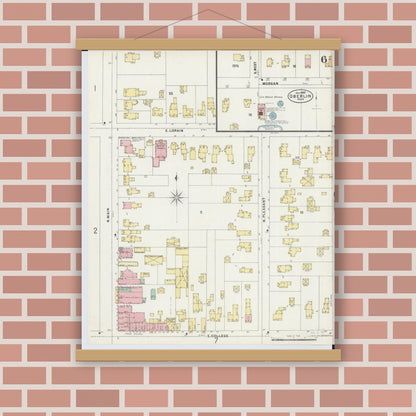 Old map wall art mockup — magnetic wood frame on brick wall — Sanborn Fire Insurance Map from Oberlin, Lorain County, Ohio (1897), Sheet #0006