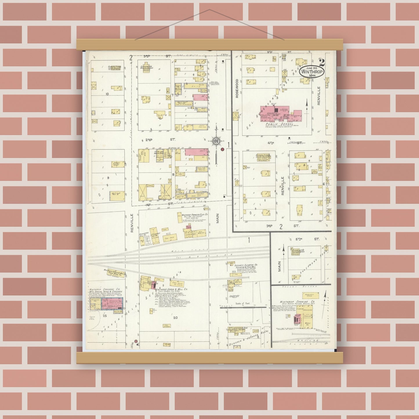 Old map wall art mockup — magnetic wood frame on brick wall — Sanborn Fire Insurance Map from Winthrop, Sibley County, Minnesota (1913), Sheet #0002