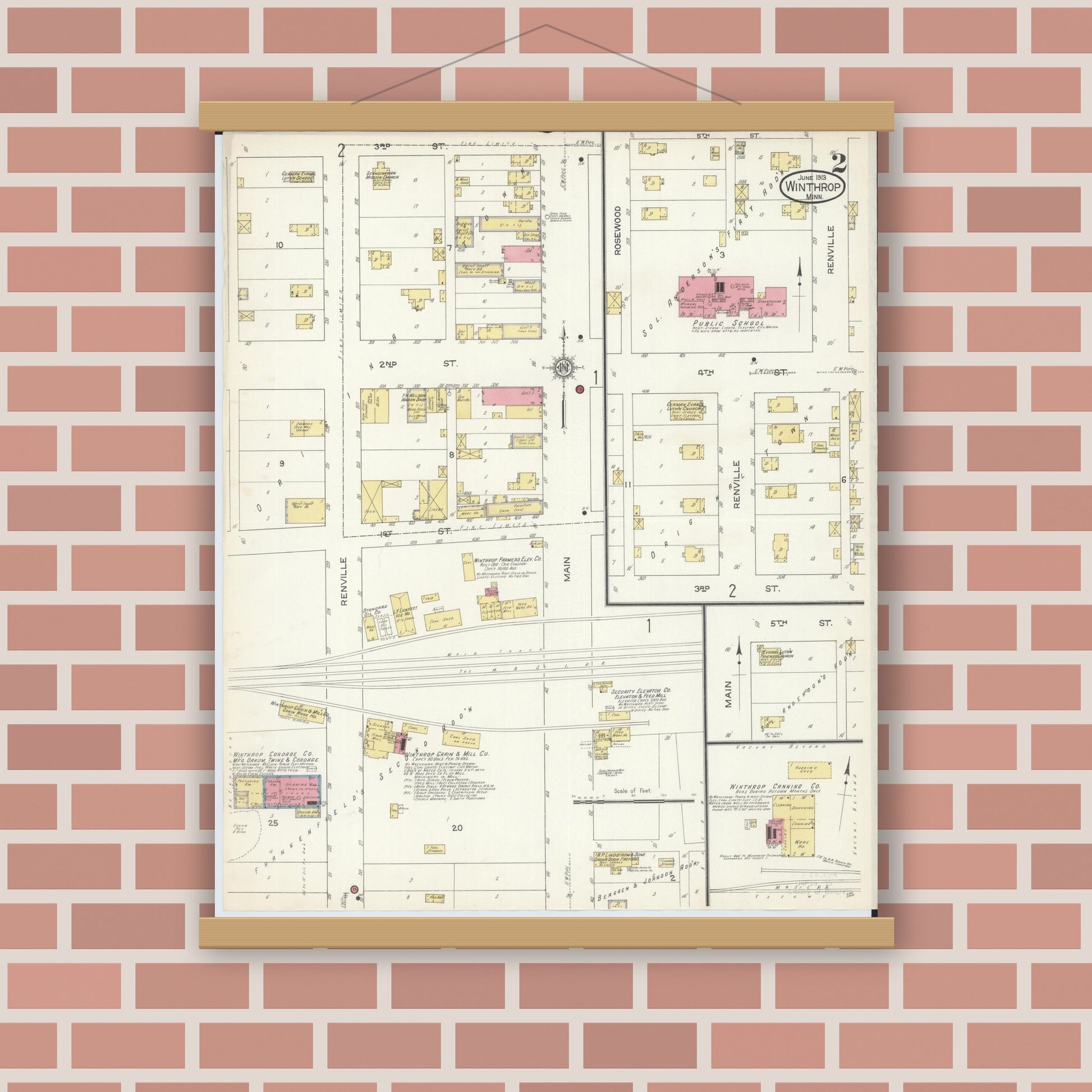 Old map wall art mockup — magnetic wood frame on brick wall — Sanborn Fire Insurance Map from Winthrop, Sibley County, Minnesota (1913), Sheet #0002