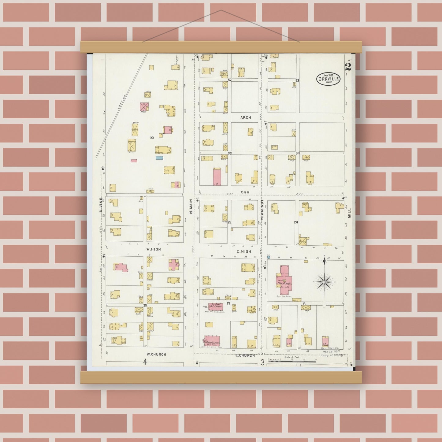 Old map wall art mockup — magnetic wood frame on brick wall — Sanborn Fire Insurance Map from Orrville, Wayne County, Ohio (1899), Sheet #0002