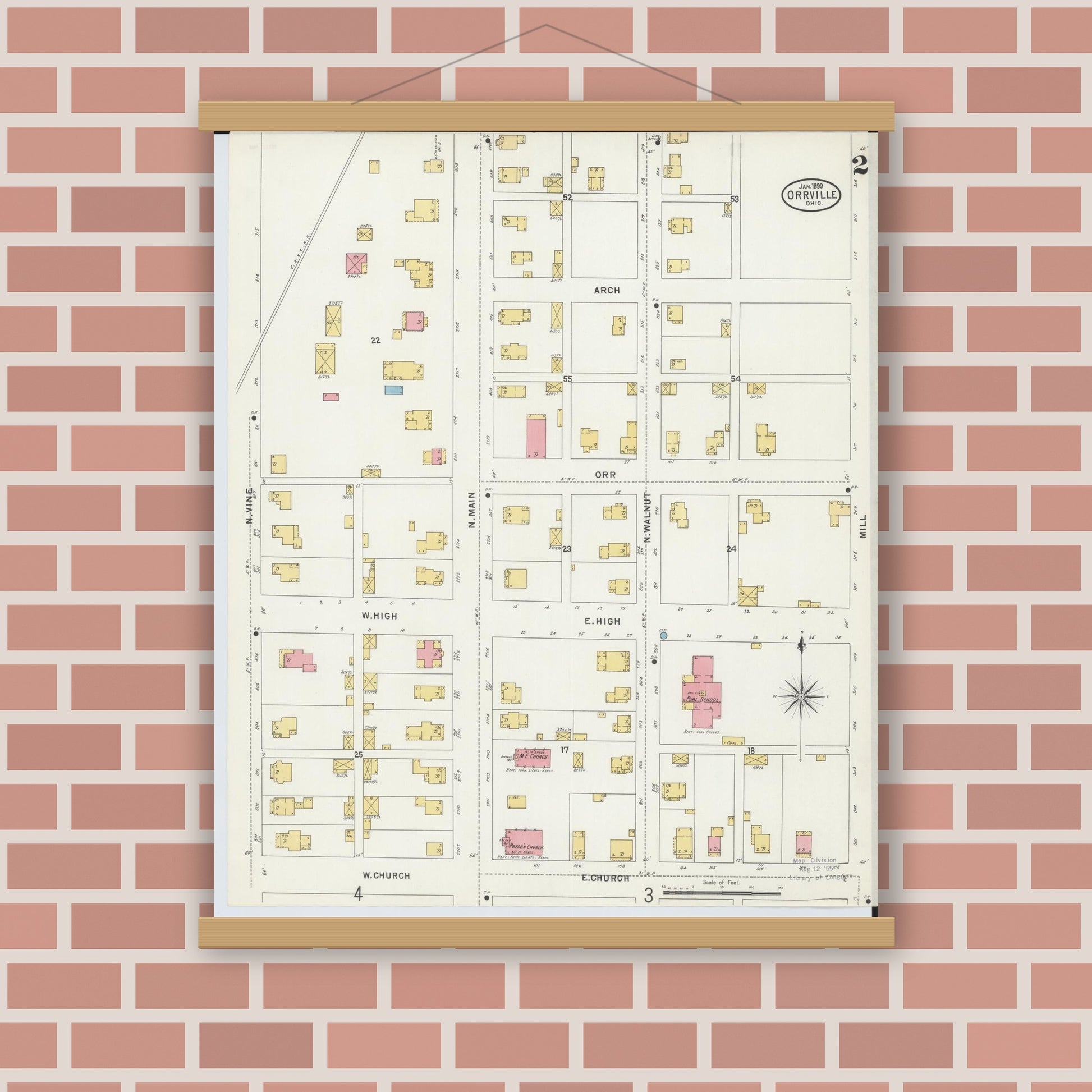 Old map wall art mockup — magnetic wood frame on brick wall — Sanborn Fire Insurance Map from Orrville, Wayne County, Ohio (1899), Sheet #0002