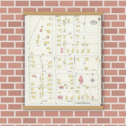 Old map wall art mockup — magnetic wood frame on brick wall — Sanborn Fire Insurance Map from Orrville, Wayne County, Ohio (1899), Sheet #0002