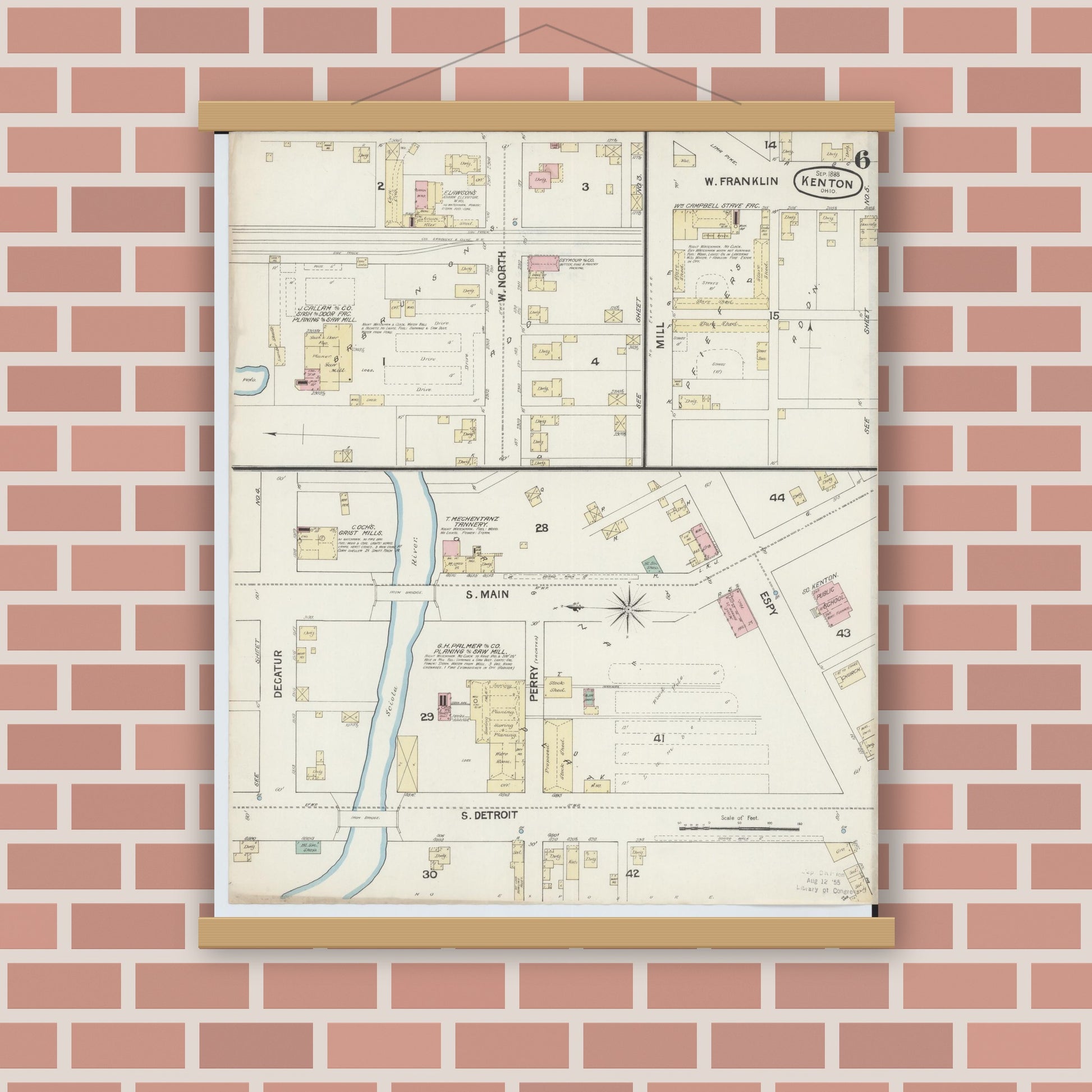 Old map wall art mockup — magnetic wood frame on brick wall — Sanborn Fire Insurance Map from Kenton, Hardin County, Ohio (1888), Sheet #0006