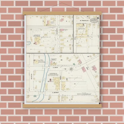 Old map wall art mockup — magnetic wood frame on brick wall — Sanborn Fire Insurance Map from Kenton, Hardin County, Ohio (1888), Sheet #0006