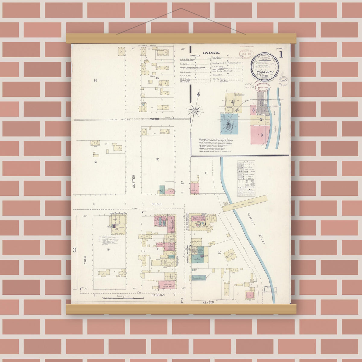 Old map wall art mockup — magnetic wood frame on brick wall — Sanborn Fire Insurance Map from Yuba City, Sutter County, California (1899) - Complete Map Set
