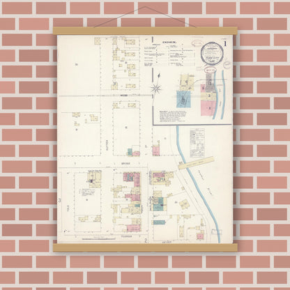 Old map wall art mockup — magnetic wood frame on brick wall — Sanborn Fire Insurance Map from Yuba City, Sutter County, California (1899) - Complete Map Set