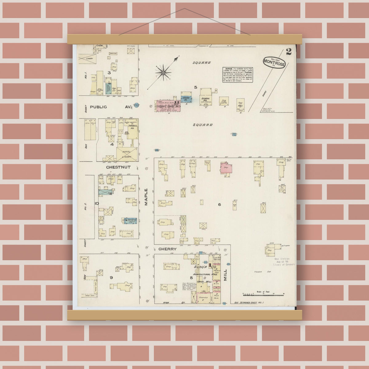 Old map wall art mockup — magnetic wood frame on brick wall — Sanborn Fire Insurance Map from Montrose, Susquehanna County, Pennsylvania (1884), Sheet #0002