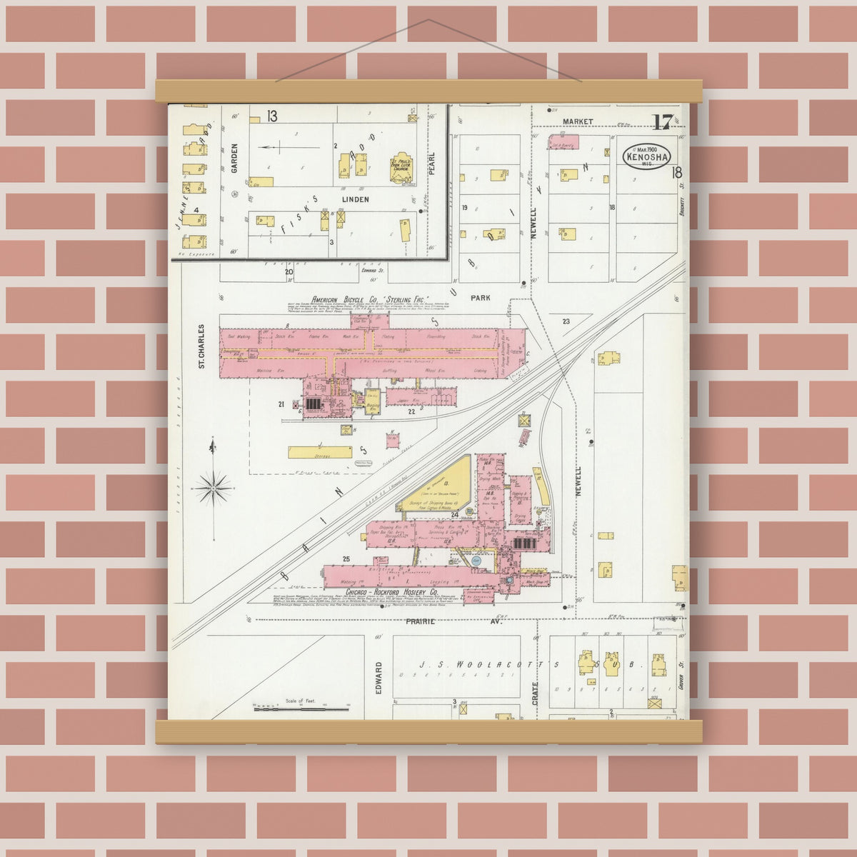 Old map wall art mockup — magnetic wood frame on brick wall — Sanborn Fire Insurance Map from Kenosha, Kenosha County, Wisconsin (1900), Sheet #0017