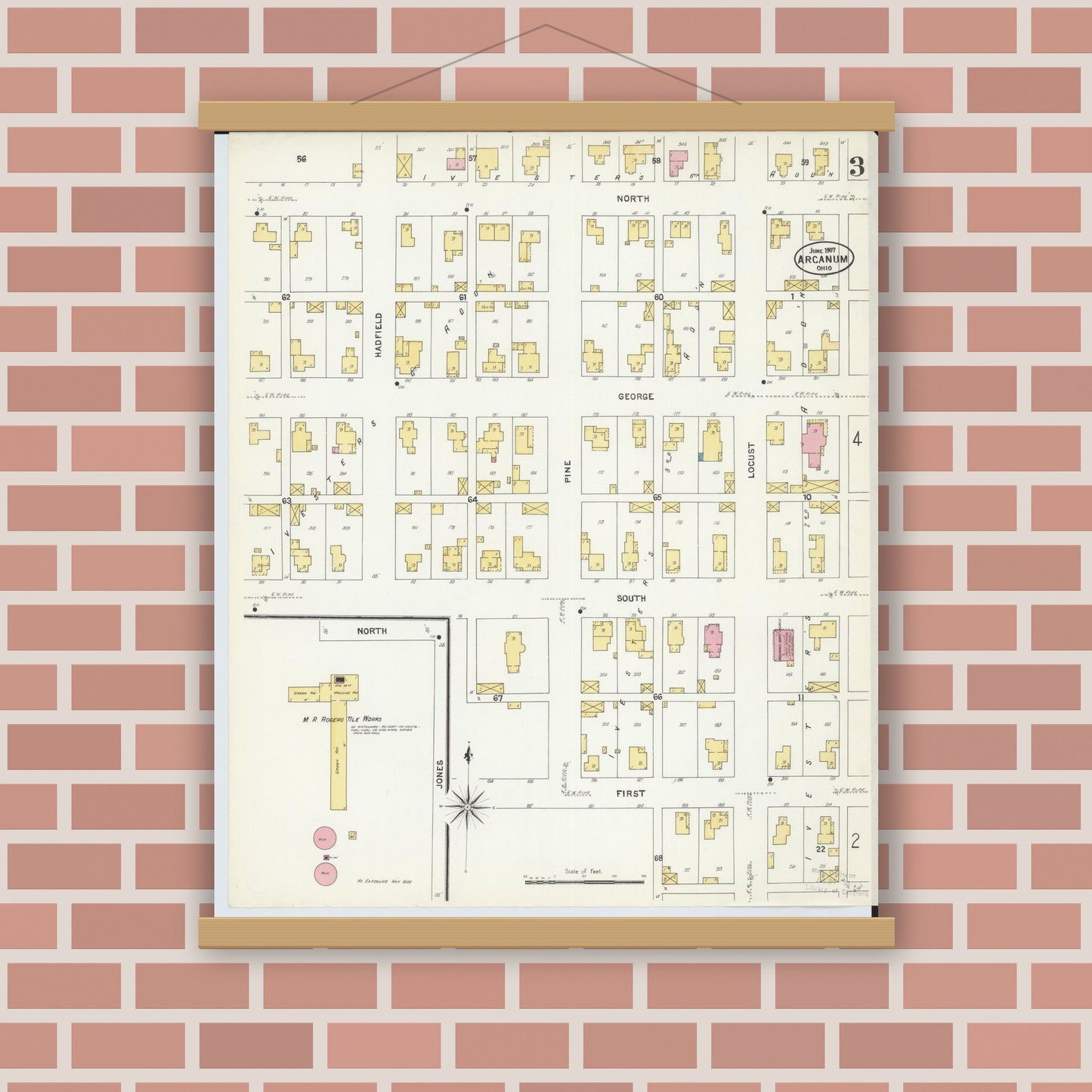 Old map wall art mockup — magnetic wood frame on brick wall — Sanborn Fire Insurance Map from Arcanum, Darke County, Ohio (1907), Sheet #0003