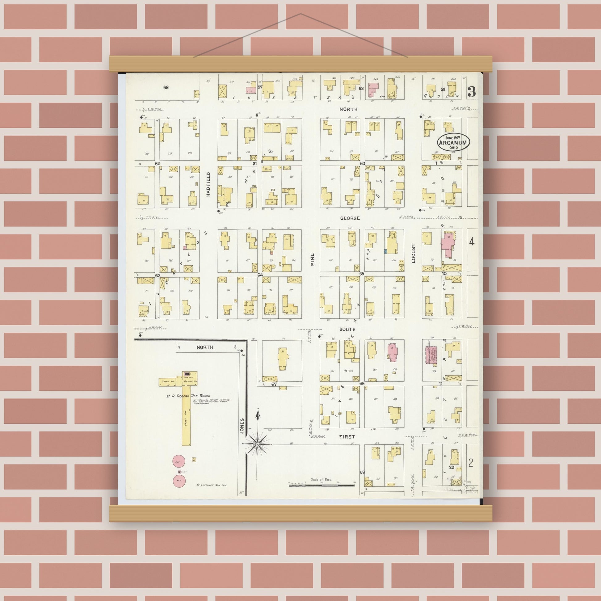 Old map wall art mockup — magnetic wood frame on brick wall — Sanborn Fire Insurance Map from Arcanum, Darke County, Ohio (1907), Sheet #0003