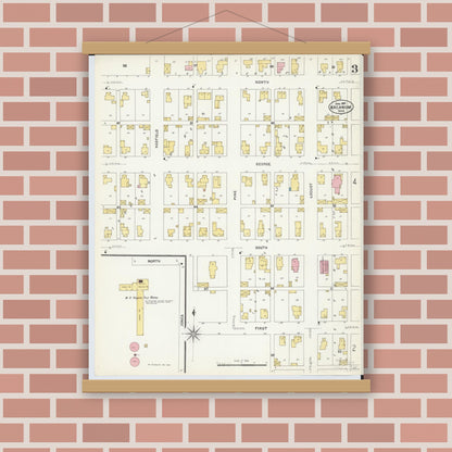 Old map wall art mockup — magnetic wood frame on brick wall — Sanborn Fire Insurance Map from Arcanum, Darke County, Ohio (1907), Sheet #0003