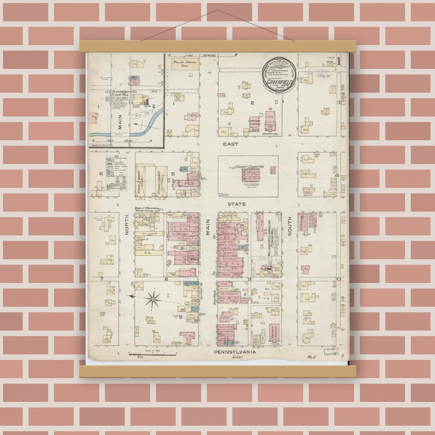 Old map wall art mockup — magnetic wood frame on brick wall — Sanborn Fire Insurance Map from Greenfield, Hancock County, Indiana (1886) - Complete Map Set