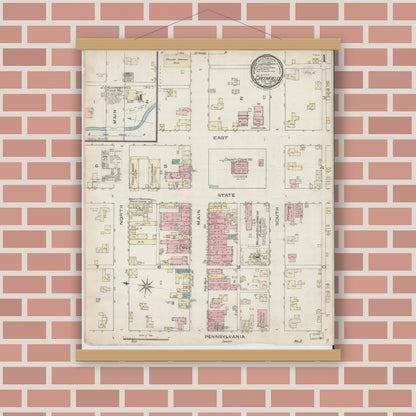 Old map wall art mockup — magnetic wood frame on brick wall — Sanborn Fire Insurance Map from Greenfield, Hancock County, Indiana (1886) - Complete Map Set