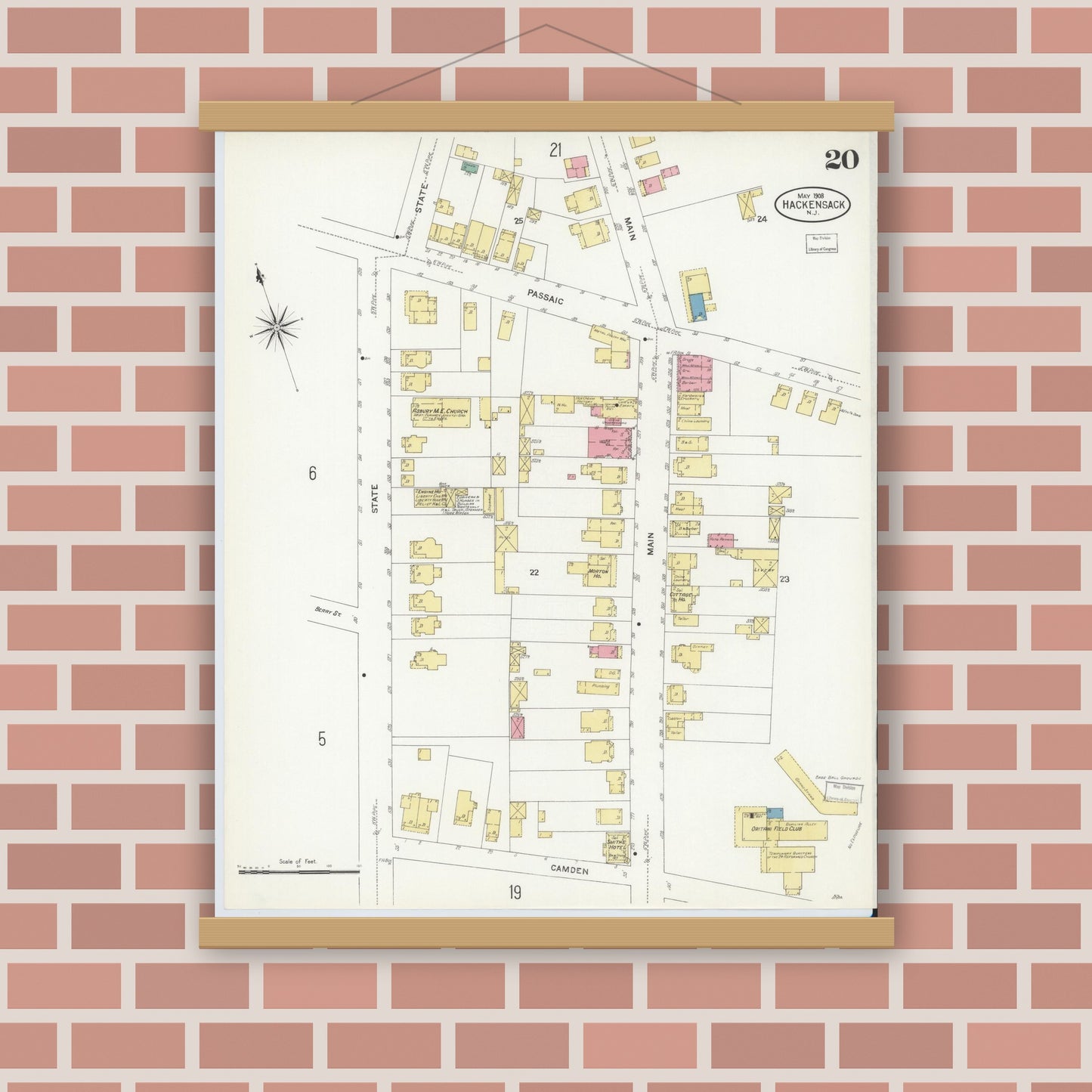 Old map wall art mockup — magnetic wood frame on brick wall — Sanborn Fire Insurance Map from Hackensack, Bergen County, New Jersey (1908), Sheet #0020