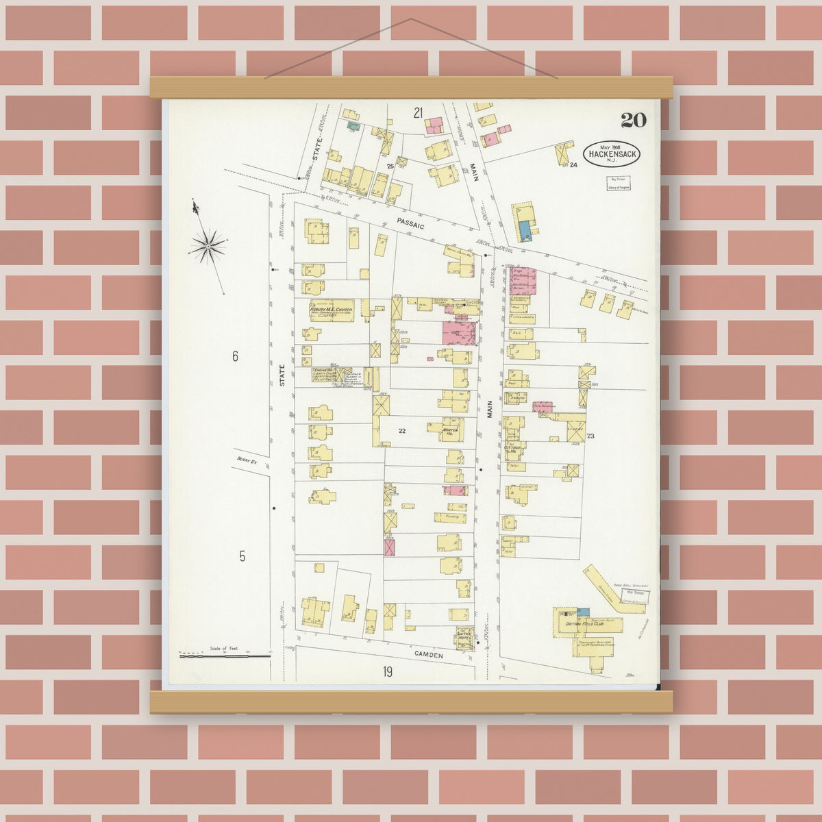 Old map wall art mockup — magnetic wood frame on brick wall — Sanborn Fire Insurance Map from Hackensack, Bergen County, New Jersey (1908), Sheet #0020
