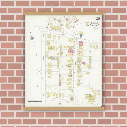 Old map wall art mockup — magnetic wood frame on brick wall — Sanborn Fire Insurance Map from Hackensack, Bergen County, New Jersey (1908), Sheet #0020