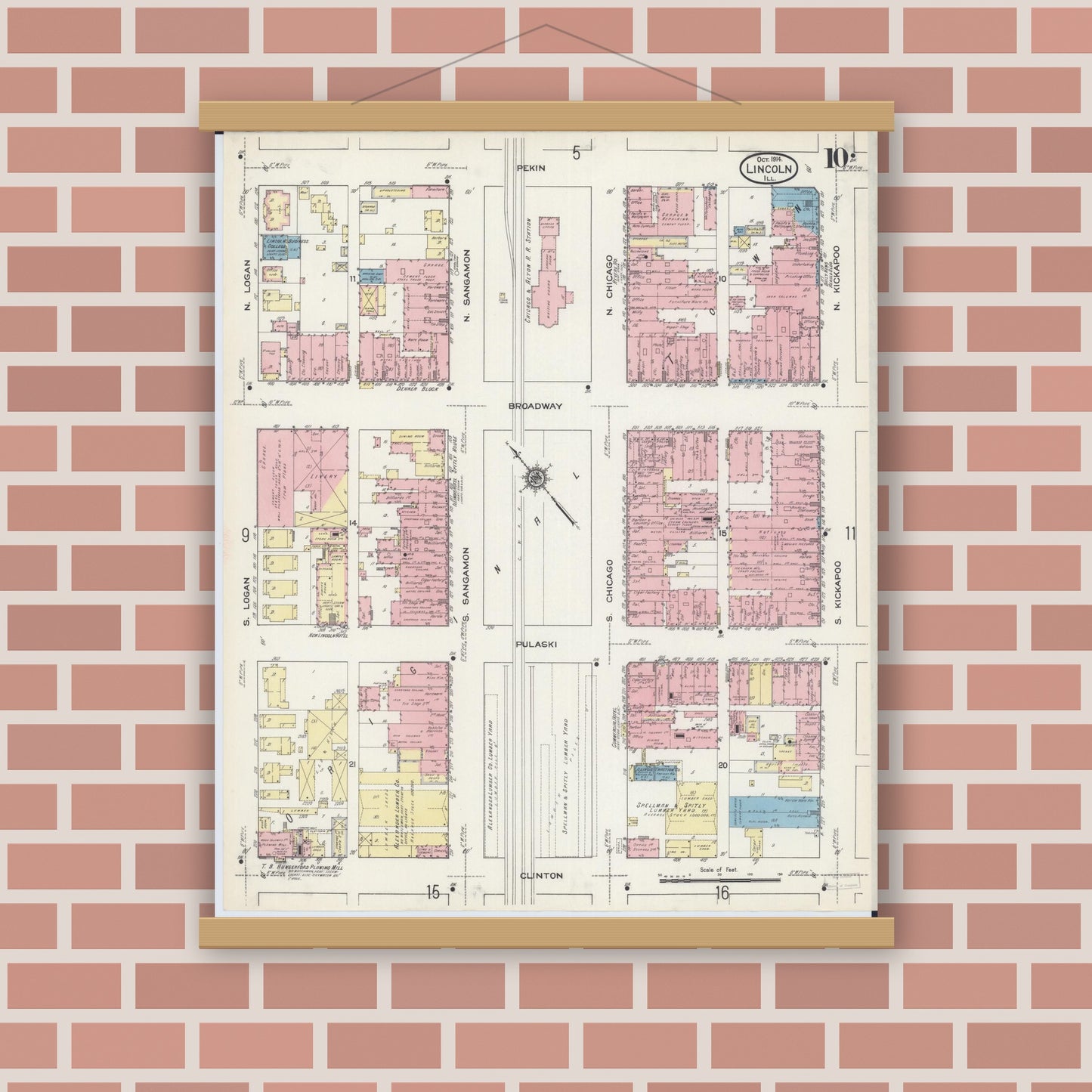 Old map wall art mockup — magnetic wood frame on brick wall — Sanborn Fire Insurance Map from Lincoln, Logan County, Illinois (1914), Sheet #0010