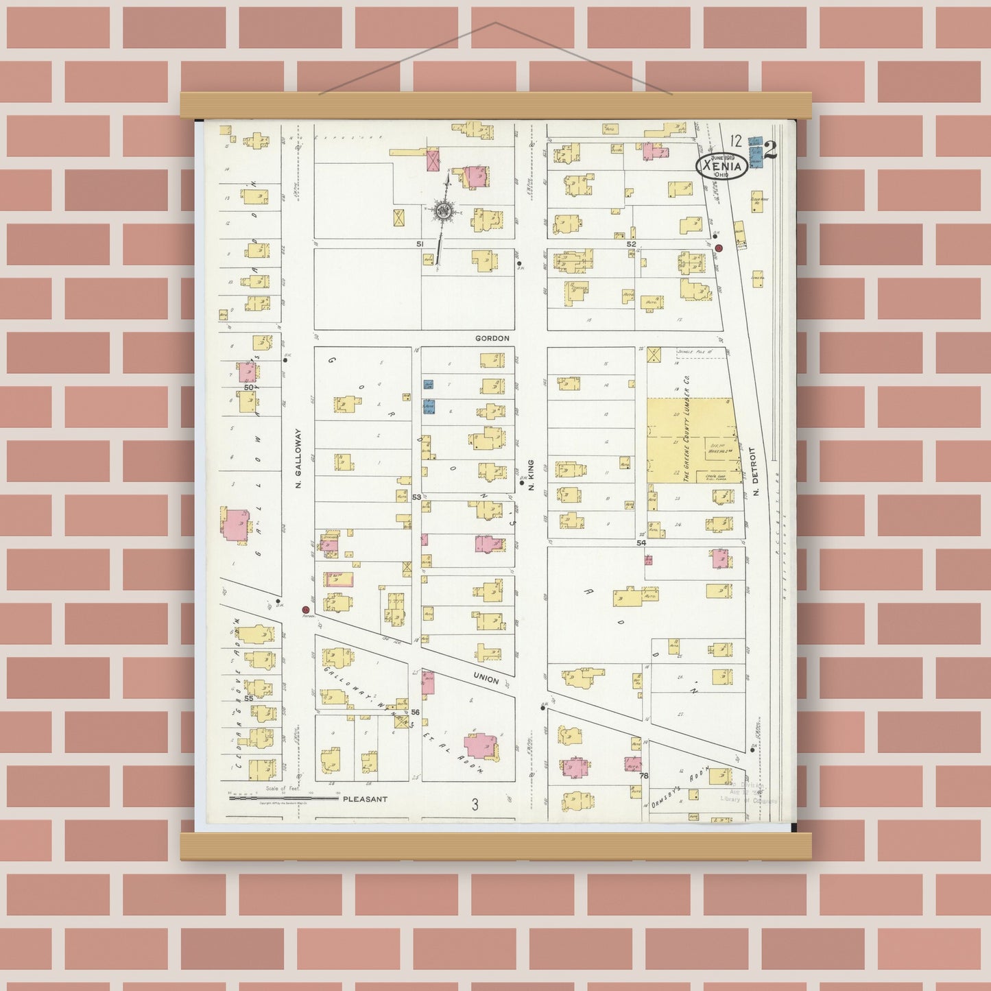 Old map wall art mockup — magnetic wood frame on brick wall — Sanborn Fire Insurance Map from Xenia, Greene County, Ohio (1919), Sheet #0002