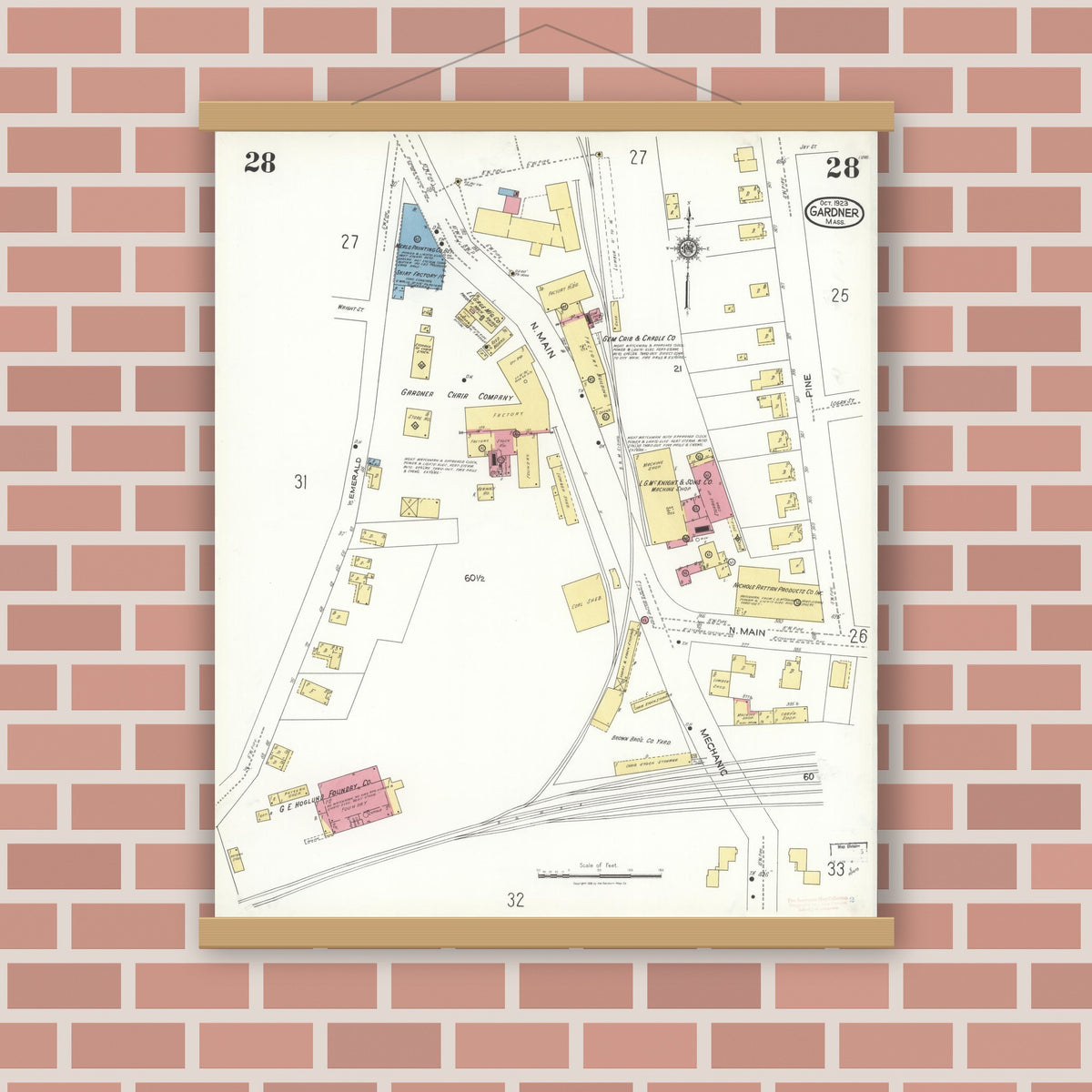 Old map wall art mockup — magnetic wood frame on brick wall — Sanborn Fire Insurance Map from Gardner, Worcester County, Massachusetts (1923), Sheet #0028