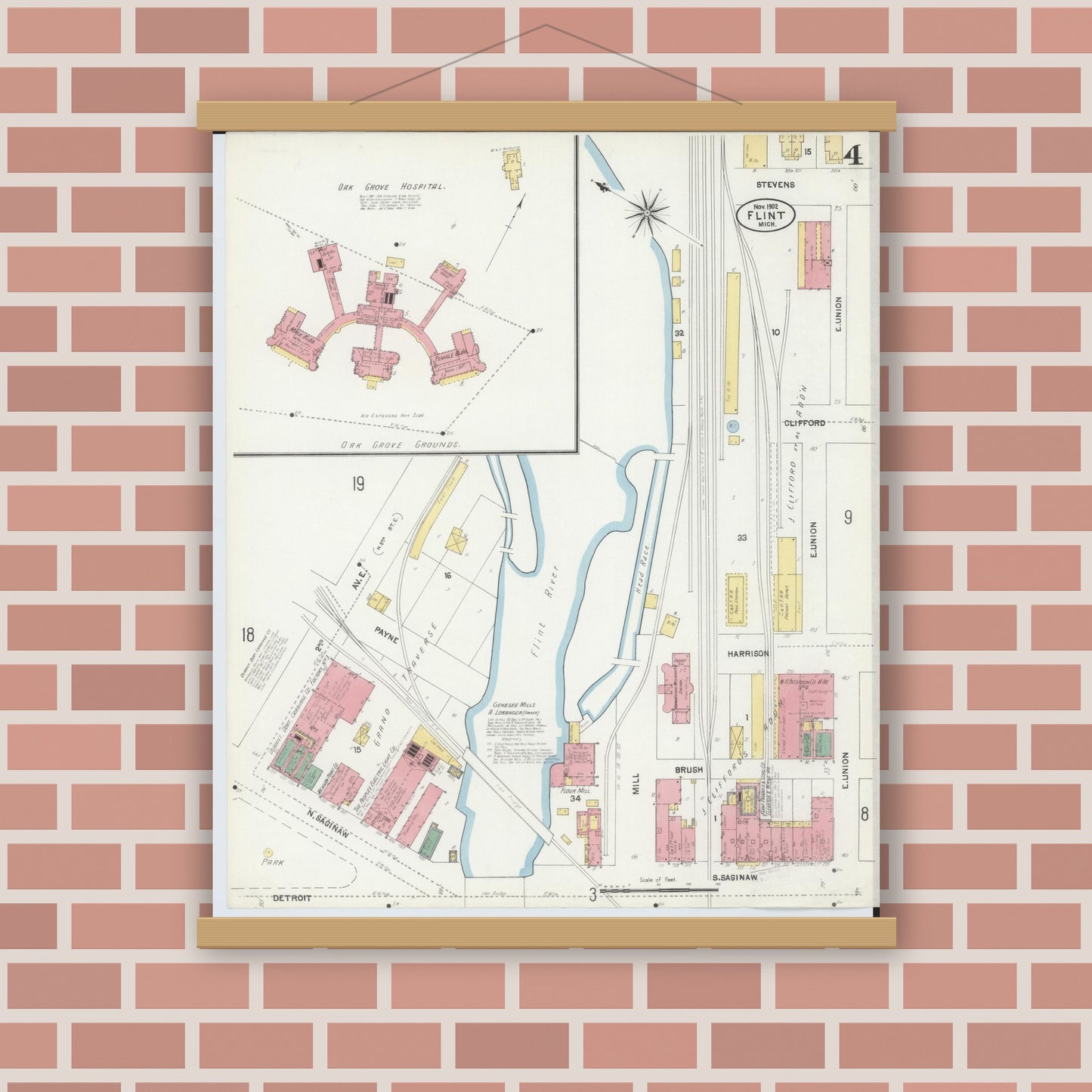 Old map wall art mockup — magnetic wood frame on brick wall — Sanborn Fire Insurance Map from Flint, Genesee County, Michigan (1902), Sheet #0004