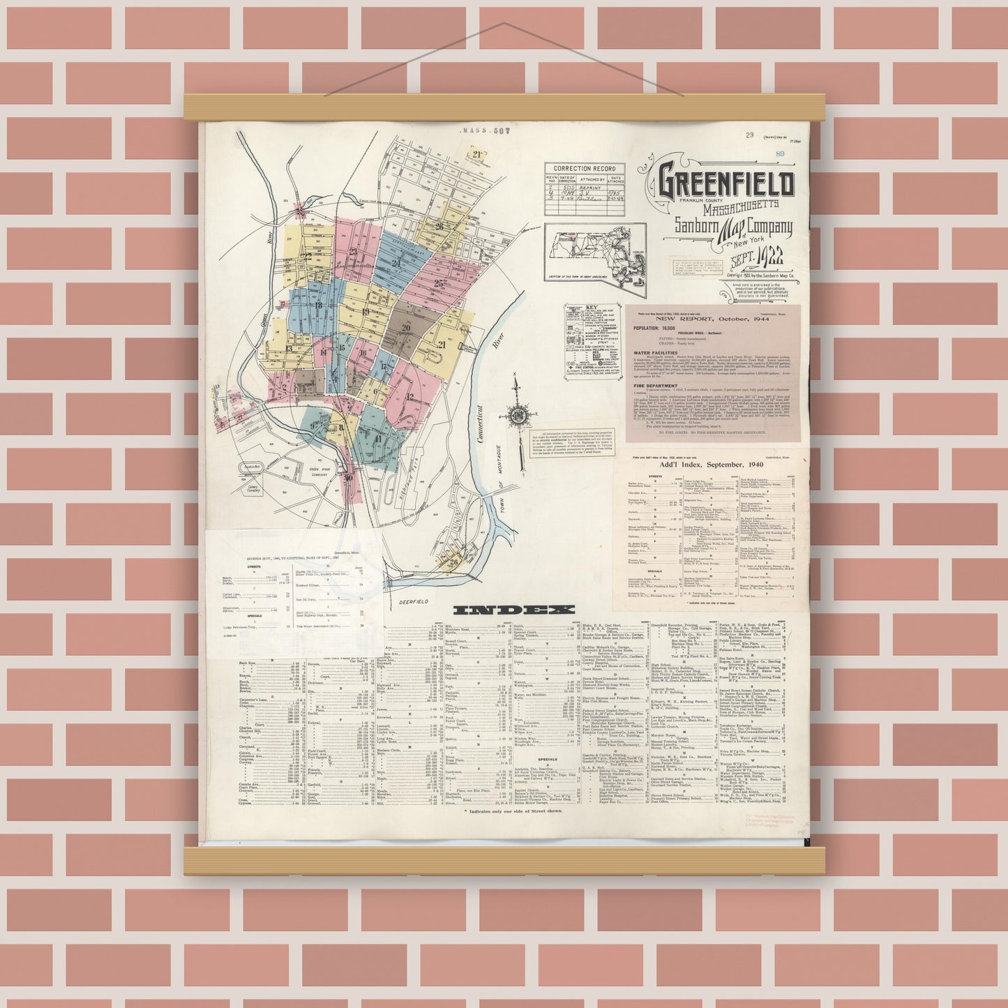 Old map wall art mockup — magnetic wood frame on brick wall — Sanborn Fire Insurance Map from Greenfield, Franklin County, Massachusetts (1948), Sheet #0001