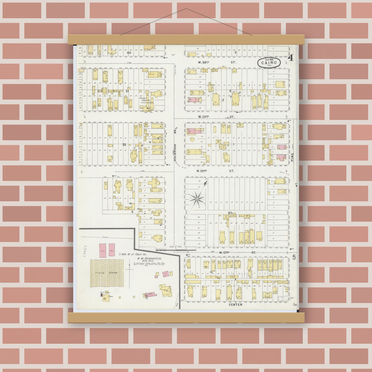 Old map wall art mockup — magnetic wood frame on brick wall — Sanborn Fire Insurance Map from Cairo, Alexander County, Illinois (1896), Sheet #0004