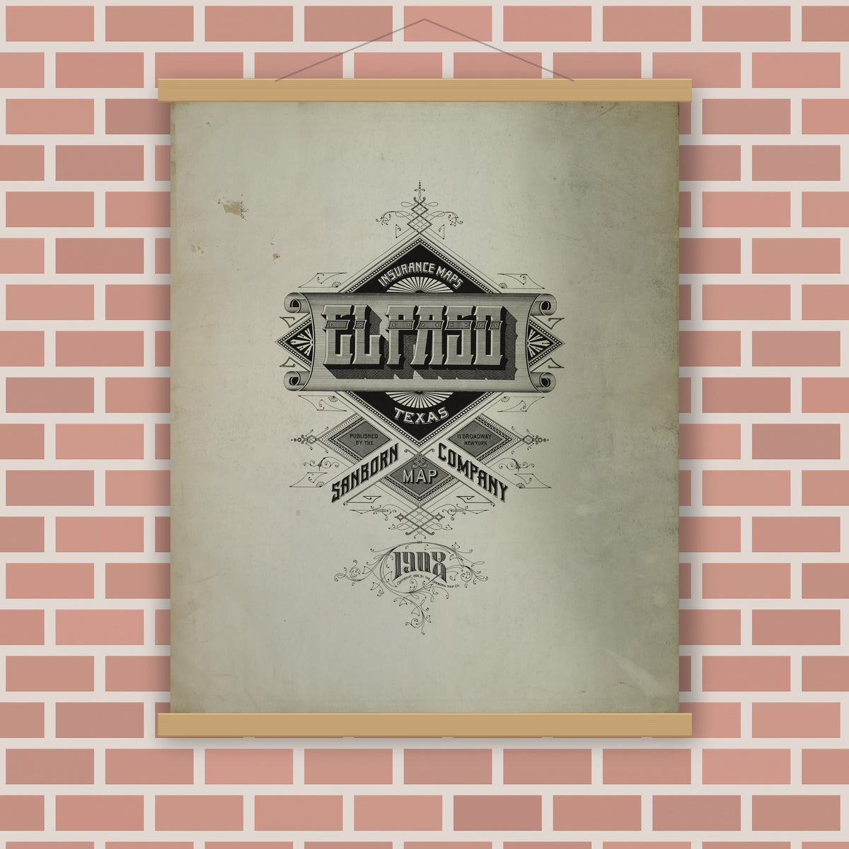 Old map wall art mockup — magnetic wood frame on brick wall — Sanborn Fire Insurance Map from El Paso, El Paso County, Texas (1908), Sheet #0001